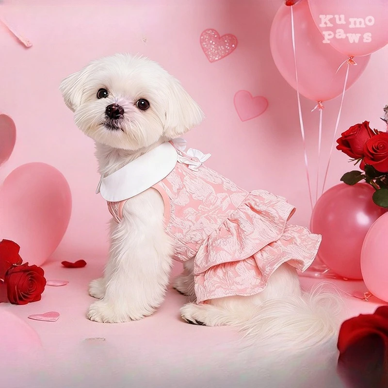Spring Summer Pet Cake Dress with 3D Flowers Lace Princess Dog Dress Pet Clothes for Teddy Bichon Dogs Cats Festival Costume