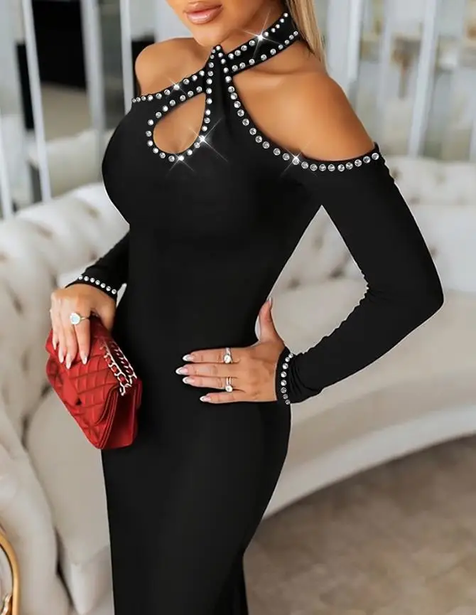 

Womens Dresses 2026 Spring New Rhinestone Decor Halter Cold Shoulder Long Sleeve Bodycon Dress Hollow Water Drop Evening Dress