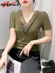 MadBlack European Clothes V Neck Tshirts Woman Sexy Shiny Hot Drill Slim Mesh Tops Short Sleeves Stretchy Tee Summer T43805JM