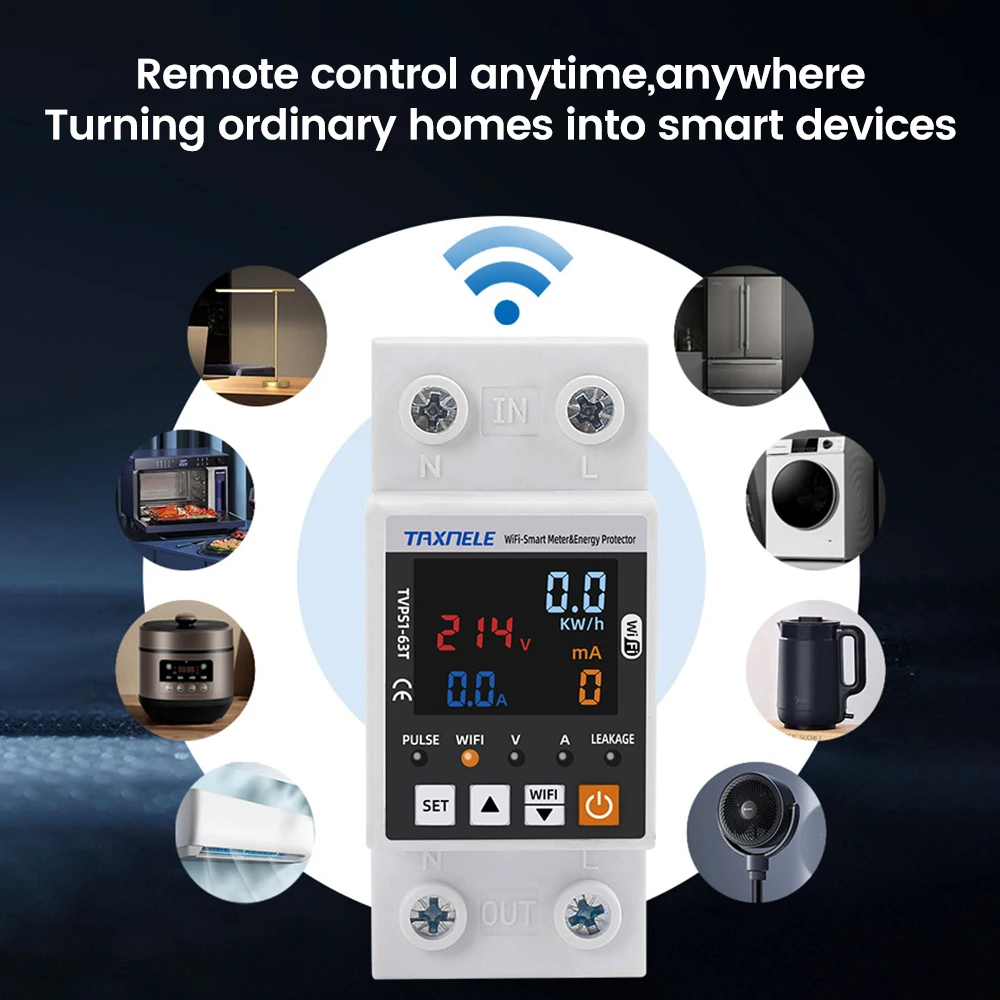 Smart Over Under Voltage Protector 63A Tuya WiFi Adjustable Power Protector with Remote Control for Home Factory