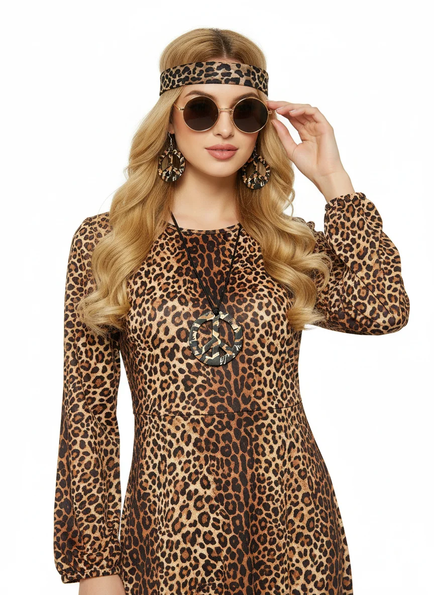 1960s and 1970s hippie-style accessory sets, including leopard-print headbands, peace sign necklaces, and earrings—perfect for w