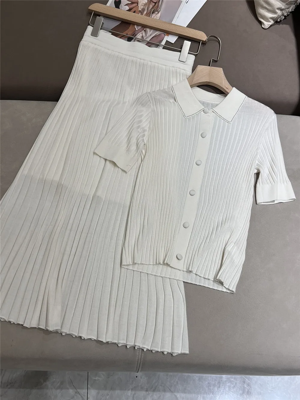 2024 B*C Spring Summer High Stretch Pit Stripe Knit Suit Silk Wool Short Sleeve + High Waist Half Skirt 2 Piece Set