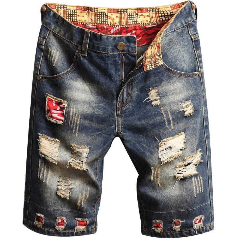 Shorts de motocicleta jeans, retrô slim-fit masculino, calça média, buraco e remendo, moda verão 2022