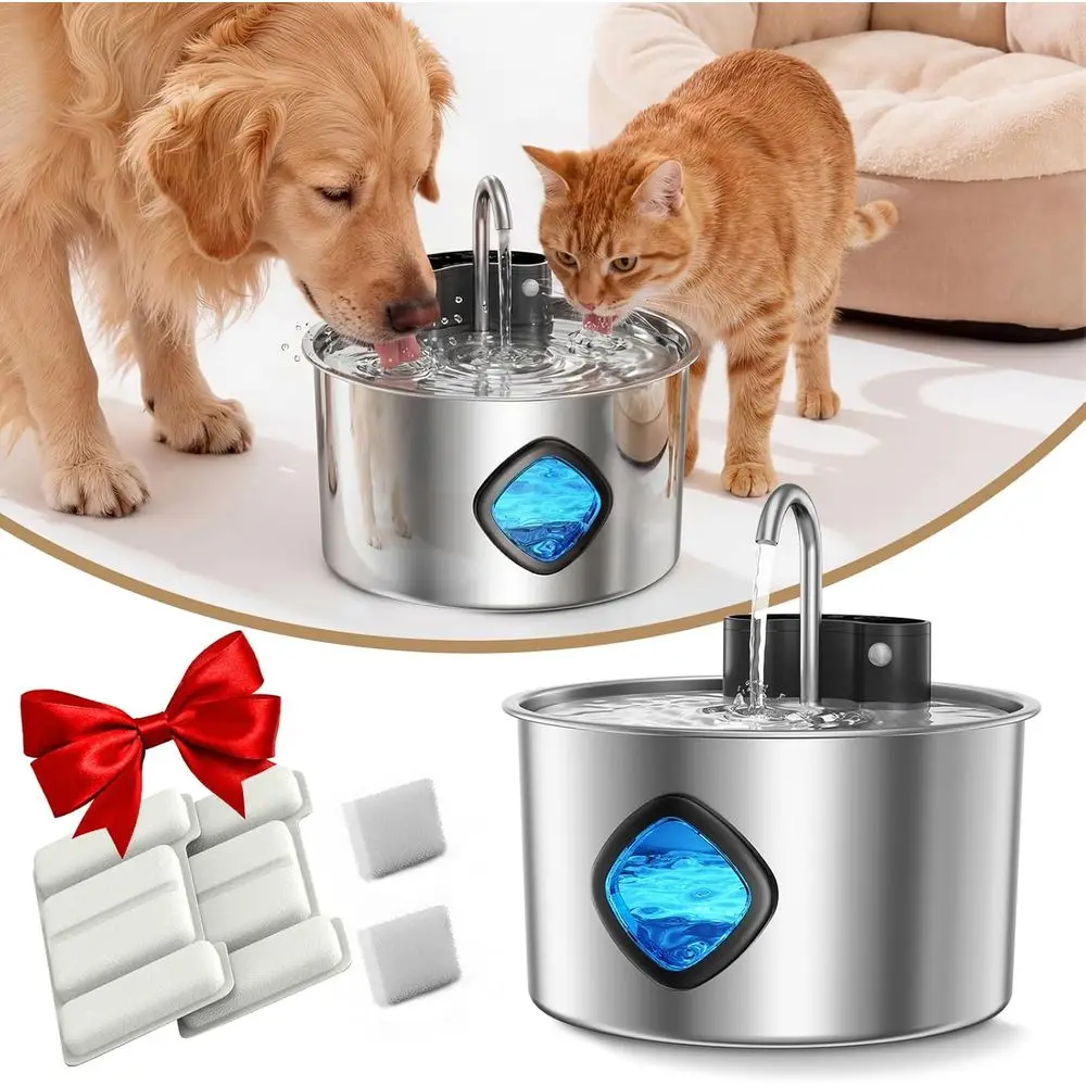

3.2L Rechargeable Stainless Steel Pet Fountain with Infrared Sensor, 3-Stage Filtration, Ultra-Quiet Pump for Indoor & Outdoor U