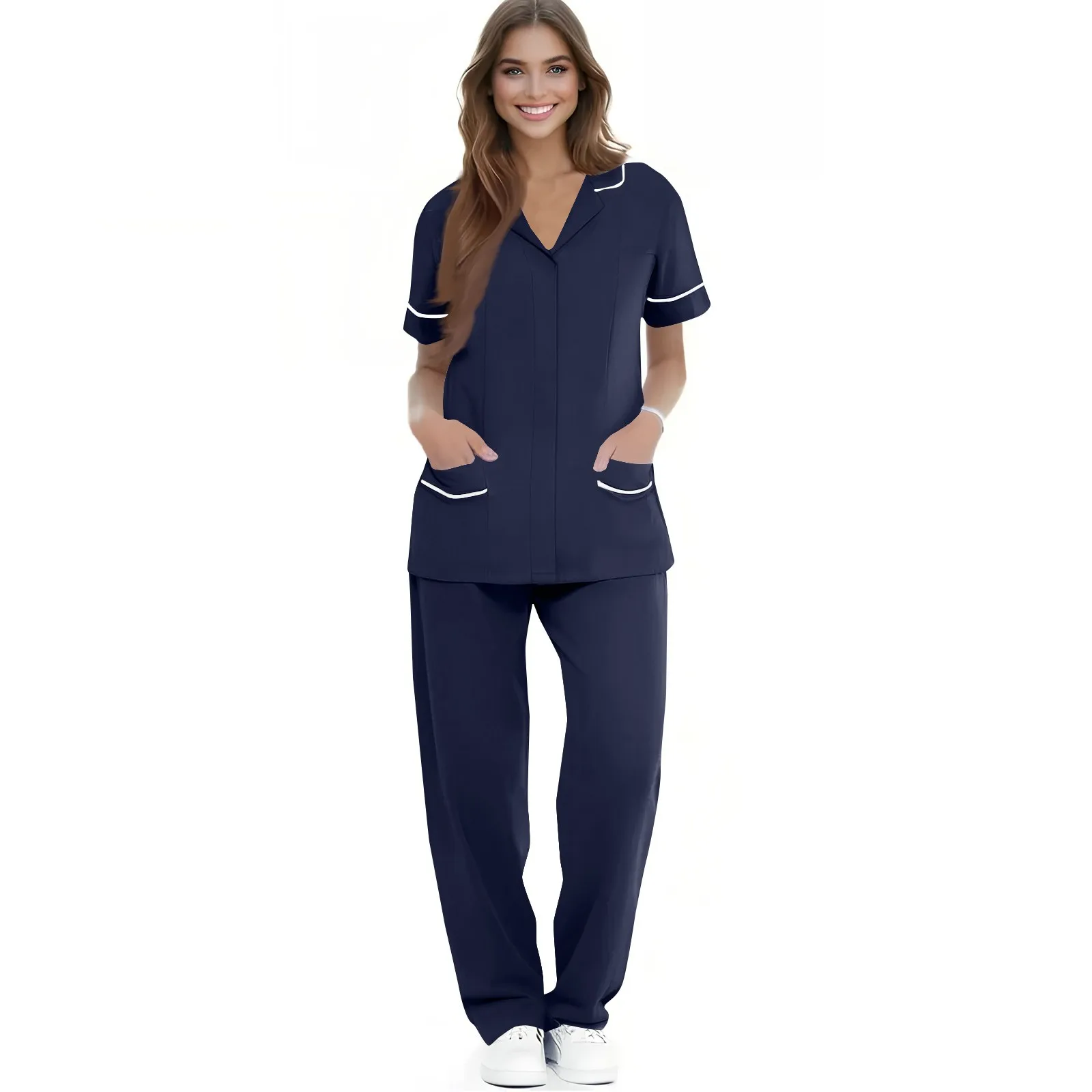 

Soild Scrub Working Uniform Suit Women's V-Neck Lapel Pullover Short Sleeve Tops Elastic Waist Causal Pant Set Pockets Workwear