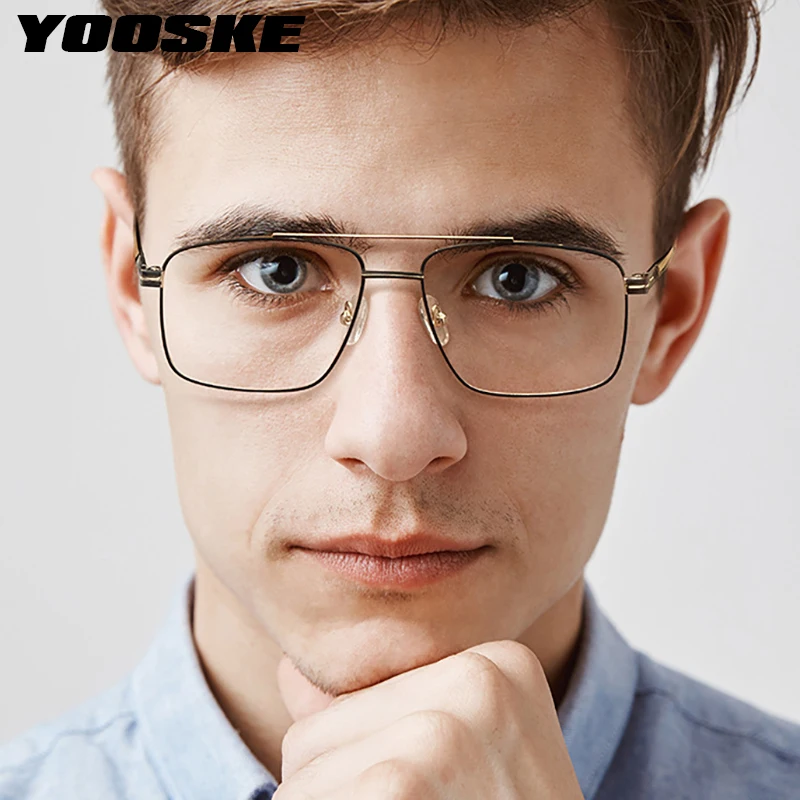 YOOSKE Fashionable Square Glasses Frame Personalized Metal Flat Lenses Minimalist Eyewear Frame Anti Blue Light Eyeglasses