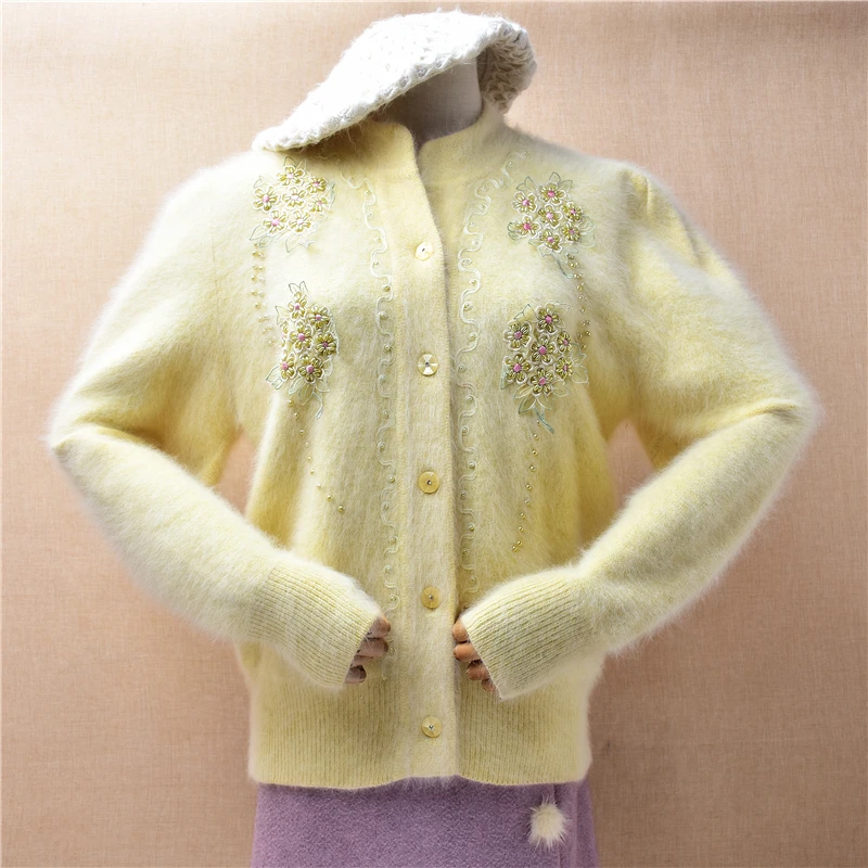 

Ladies Women Fall Winter Vintage Beading Embroidery Angora Rabbit Hair Knitted Long Sleeves Loose Cardigans Sweater Jacket Coat