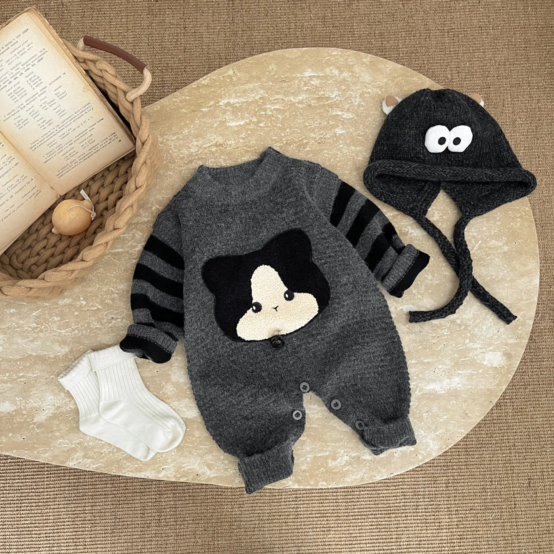 

0-3Y Baby Boy Rompers 2025 Winter Cat Printed Knit Thick Warm Toddler Kids Girl Overalls Children Boy Jumpsuits Bodysuit Outdoor
