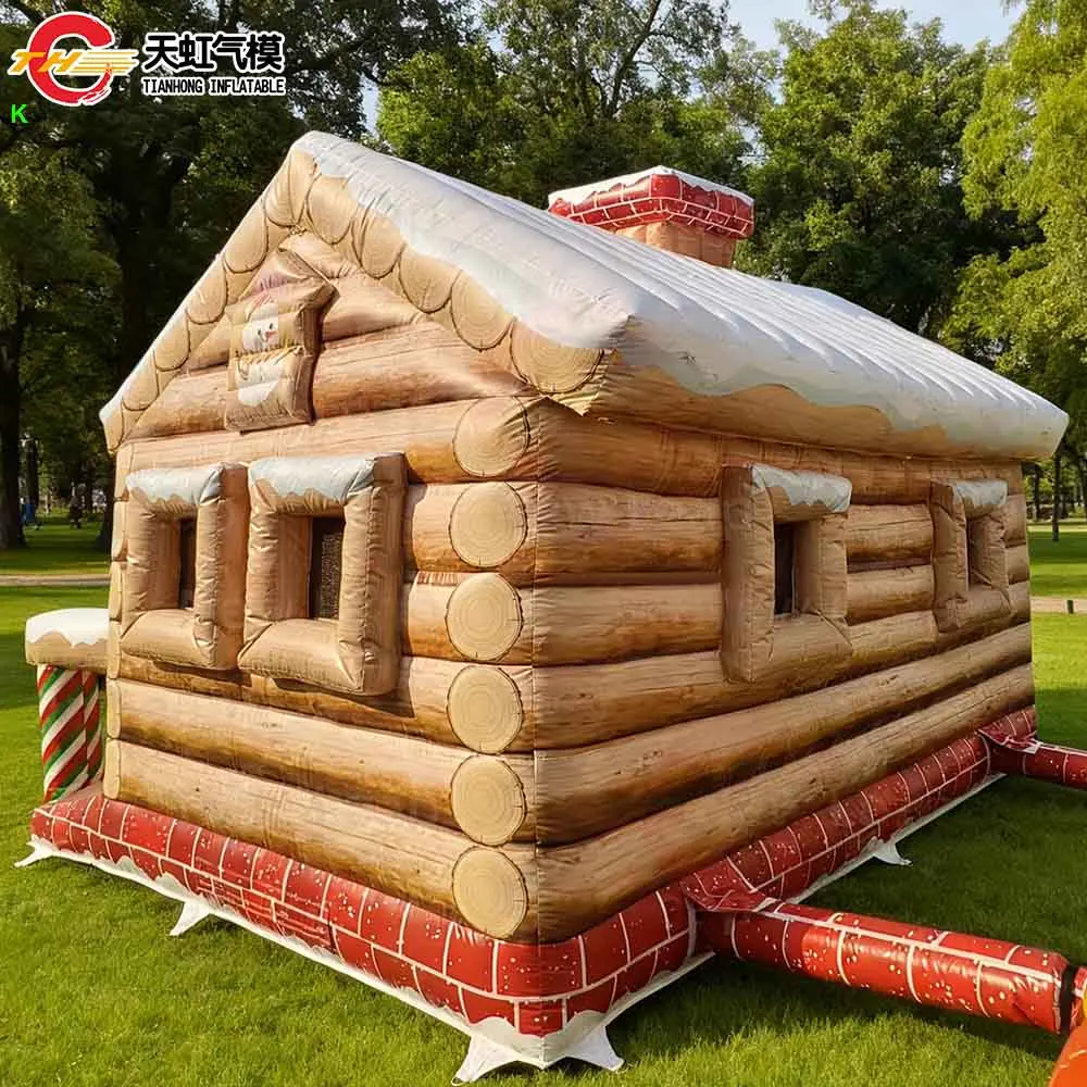Maison de noël gonflable avec cabine en rondins, 5x4x3.5mH, avec clôture, grotte du père noël avec cour avant, livraison rapide