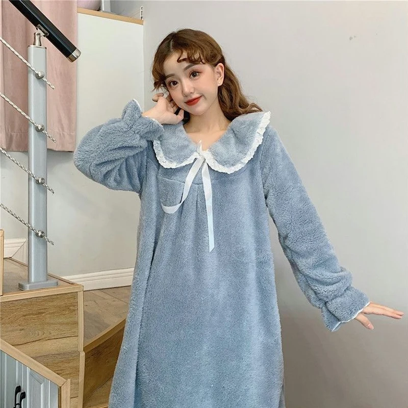 Autumn Winter Coral Velvet Woman Nightdress Female Sweet Lace Turn Down Collar Nightgown Comfortable Causal Home Clothing M-3XL