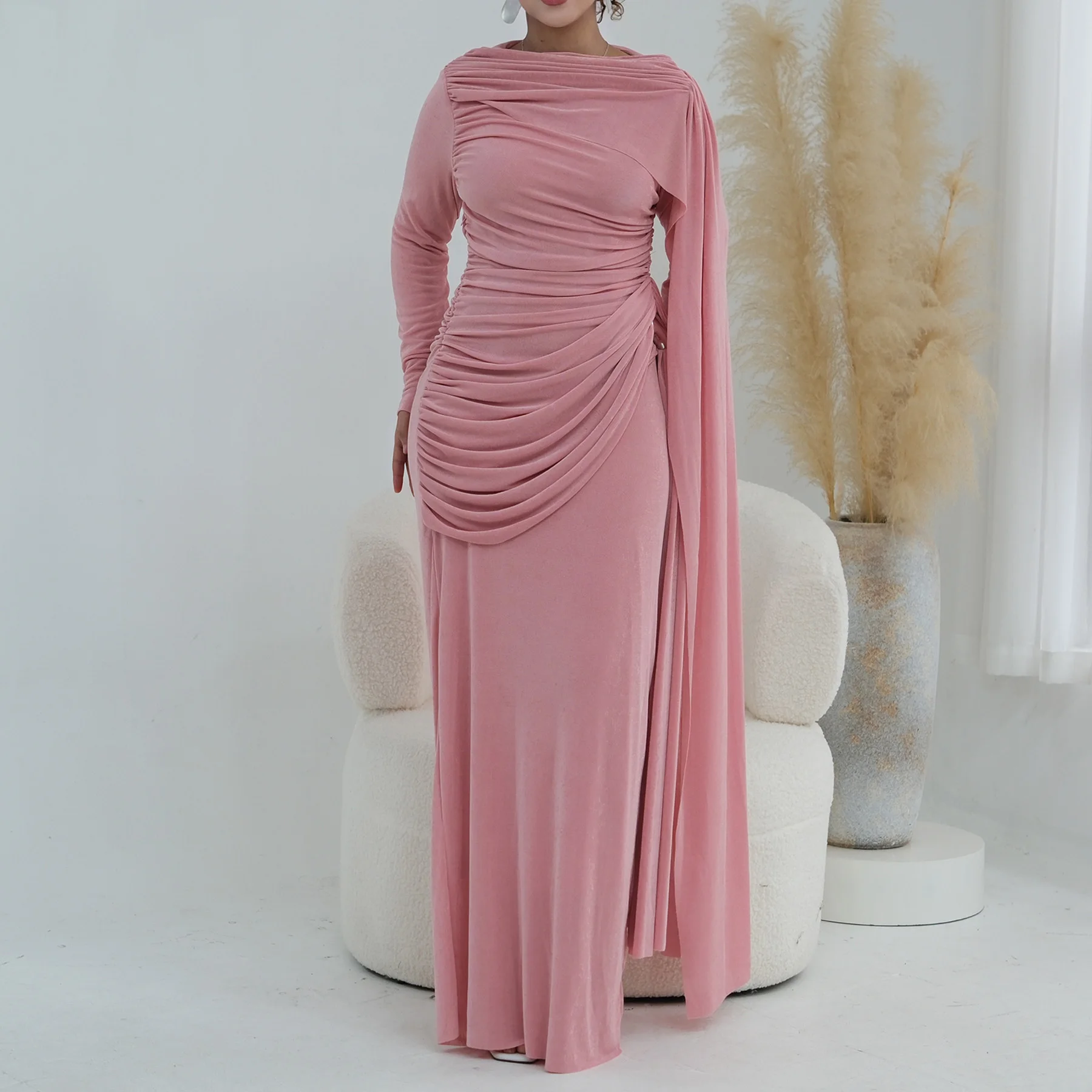 Evening Party Eid Gathered Detail Ruched Waist Muslimah Dress Summer Body Skimming Maxi Dress with Attached Scarf, Side Zipper