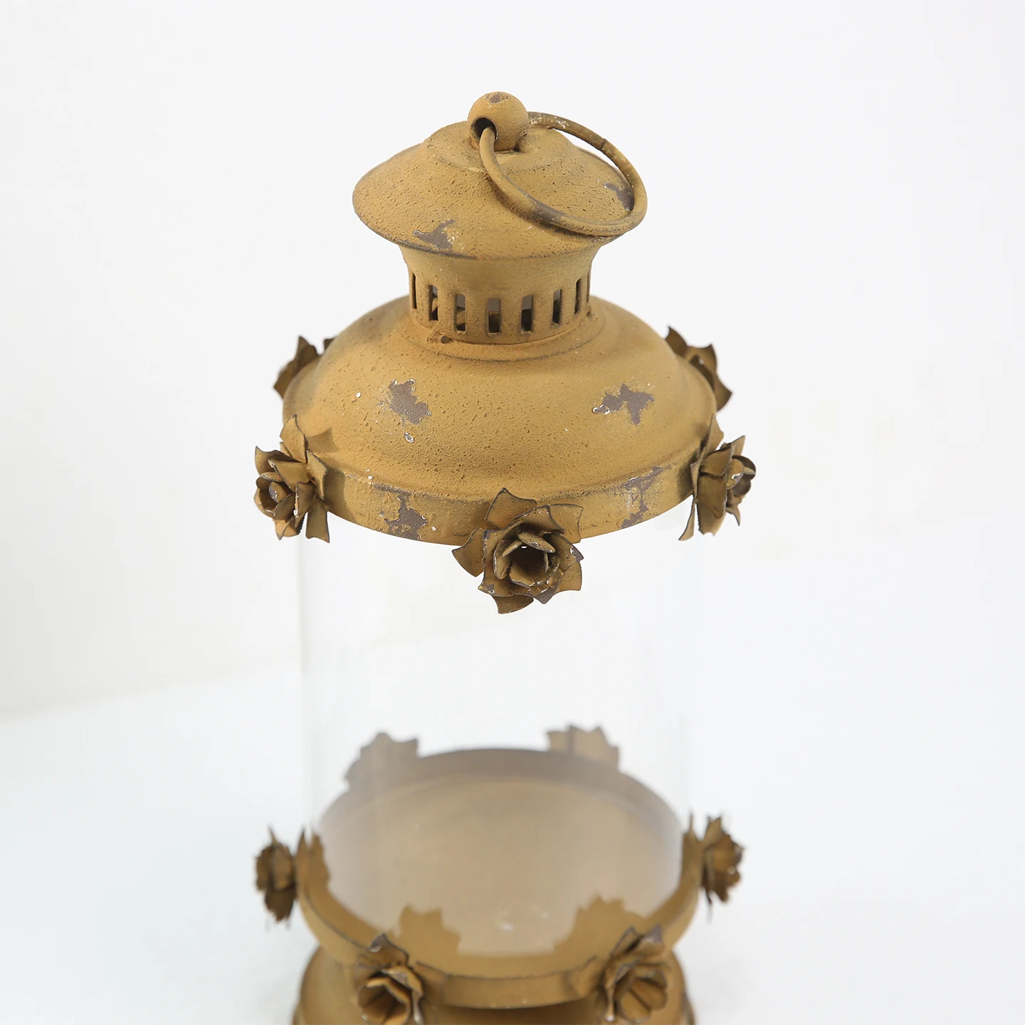 Rustic Yellow Distressed Metal Lantern, Vintage Rose Candle Holder, Patina Finish, Decorative for Rituals, Home, Garden