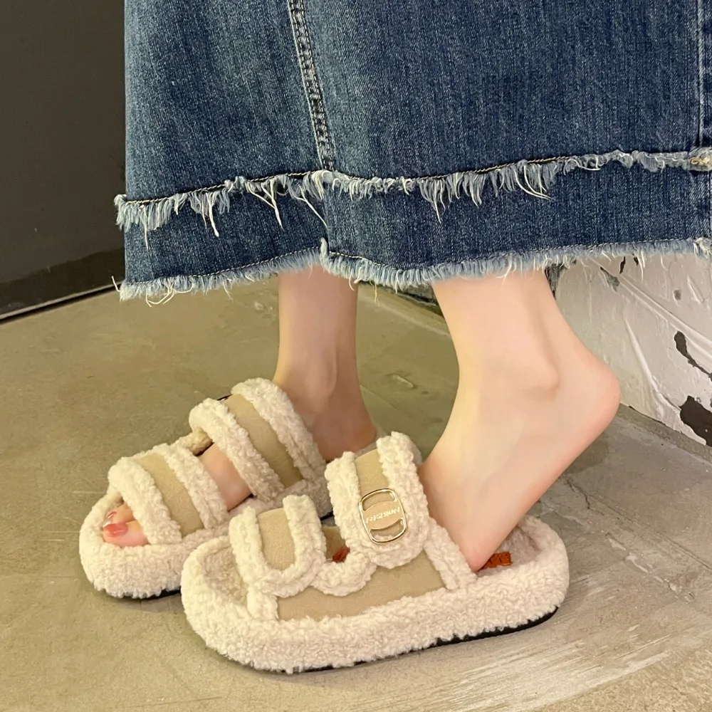 Women Lamb Wool Furry Platform Slides Double Strap Metal Buckle Open Toe Fluffy Slippers Fashion Outdoor Warm Plush Sandals
