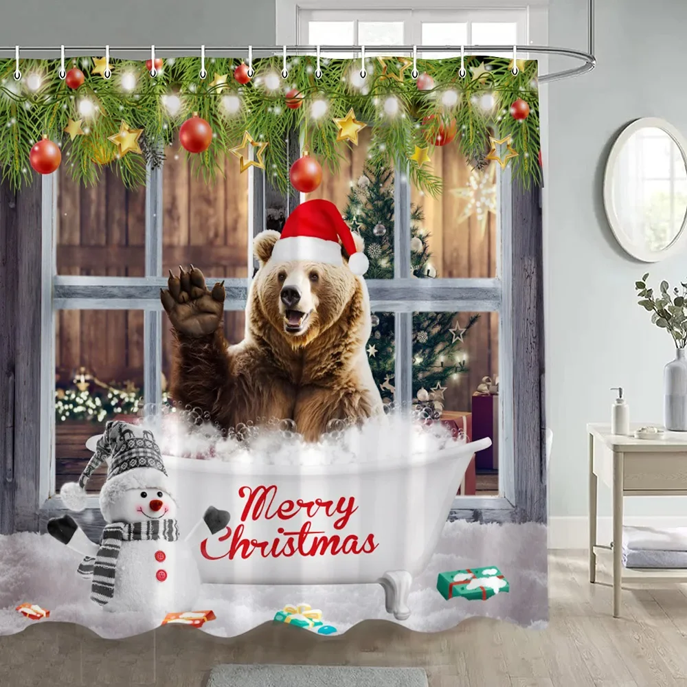 Christmas Snowman Shower Curtain Winter Forest Red Berry Birds Snowy Scene Xmas Bath Curtains Fabric Wall Hanging Bathroom Decor