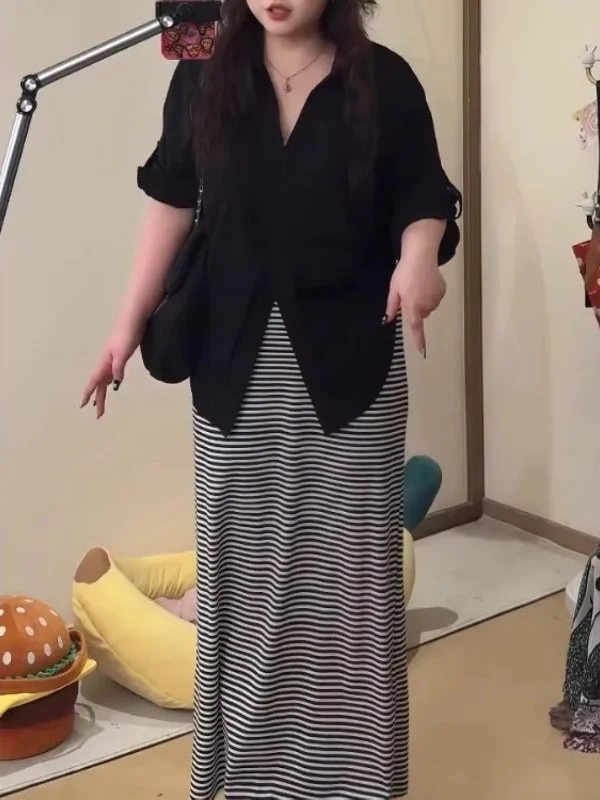 

plus Size Loose Fit Five Sleeve Shirt Women's Korean Style Slimming Waist Design Summer New Fashion Versatile Top for plus Si...