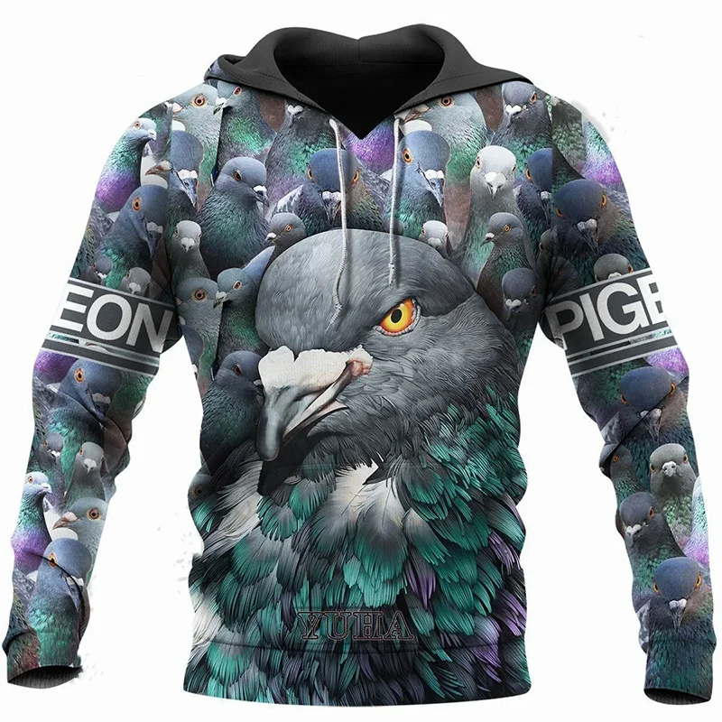 Street Retro Graphic Hoodies For Men Long Sleeve Hooded Sweatshirt 3d Print Pigeon Hoodie Casual Oversized Unisex Pullovers Tops