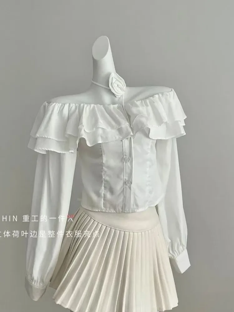 Sweet Design 3D Floral Blouses Women One-shoulder Ruffle Long Sleeve Shirts Short Blouse Trend Spring Autumn Shirts French Tops