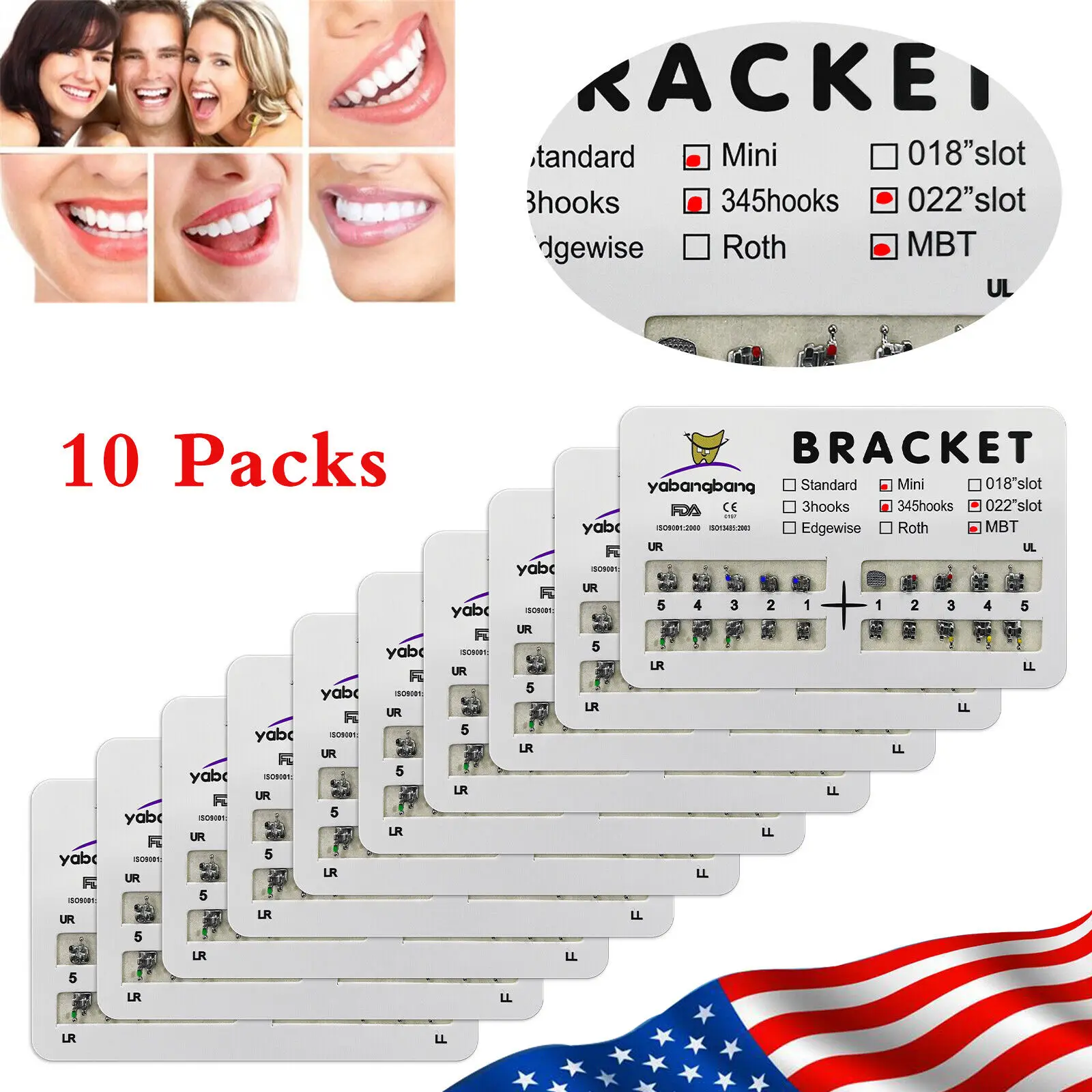 

10 Packs/200PCS Dental Orthodontic Mini MBT Braces Brackets 022"Slot 345 Hooks