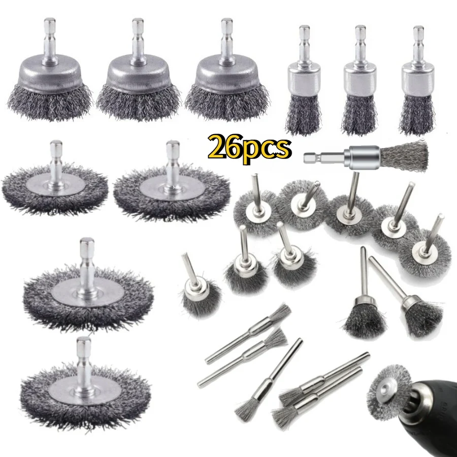 26pcs Wire Brush For Drill, Wire Wheel For Drill 1/4 Inch Hex Shank & 0.11 Inch Round Shank, Wire Cup Brush Drill Attachment For Rust Removal, Corrosion And Scrub Surfaces