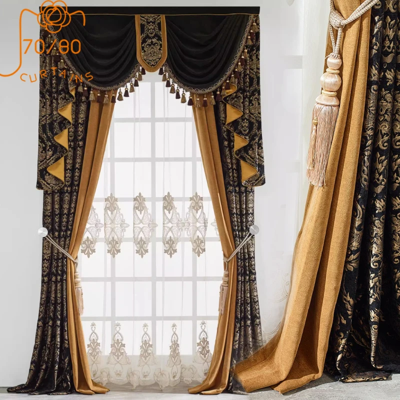 

Coffee Color Chenille American Jacquard Thickened Splicing Curtains for Living Room Bedroom Villa French Window Customized