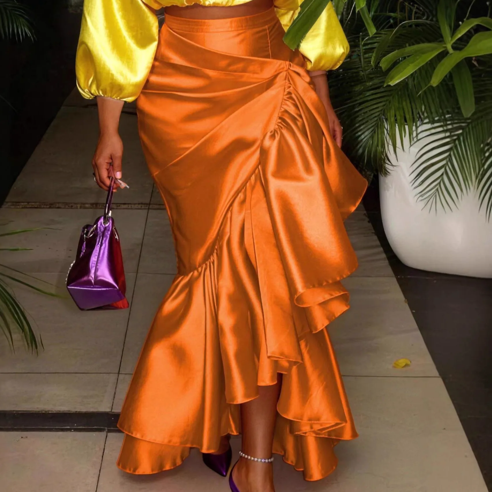 

Элегантная атласная юбка миди для женщин с высокой талией, драпировкой, рюшами и асимметричным подолом, облегающая юбка для вечеринок и коктейлей