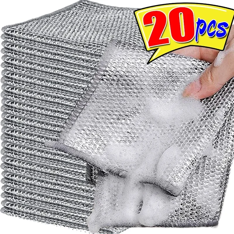 20/1pcs Strofinaccio magico Panni per pulizia in filo d\'argento Piatto da cucina Pentola Panno per lavare Asciugamani addensati a doppia faccia