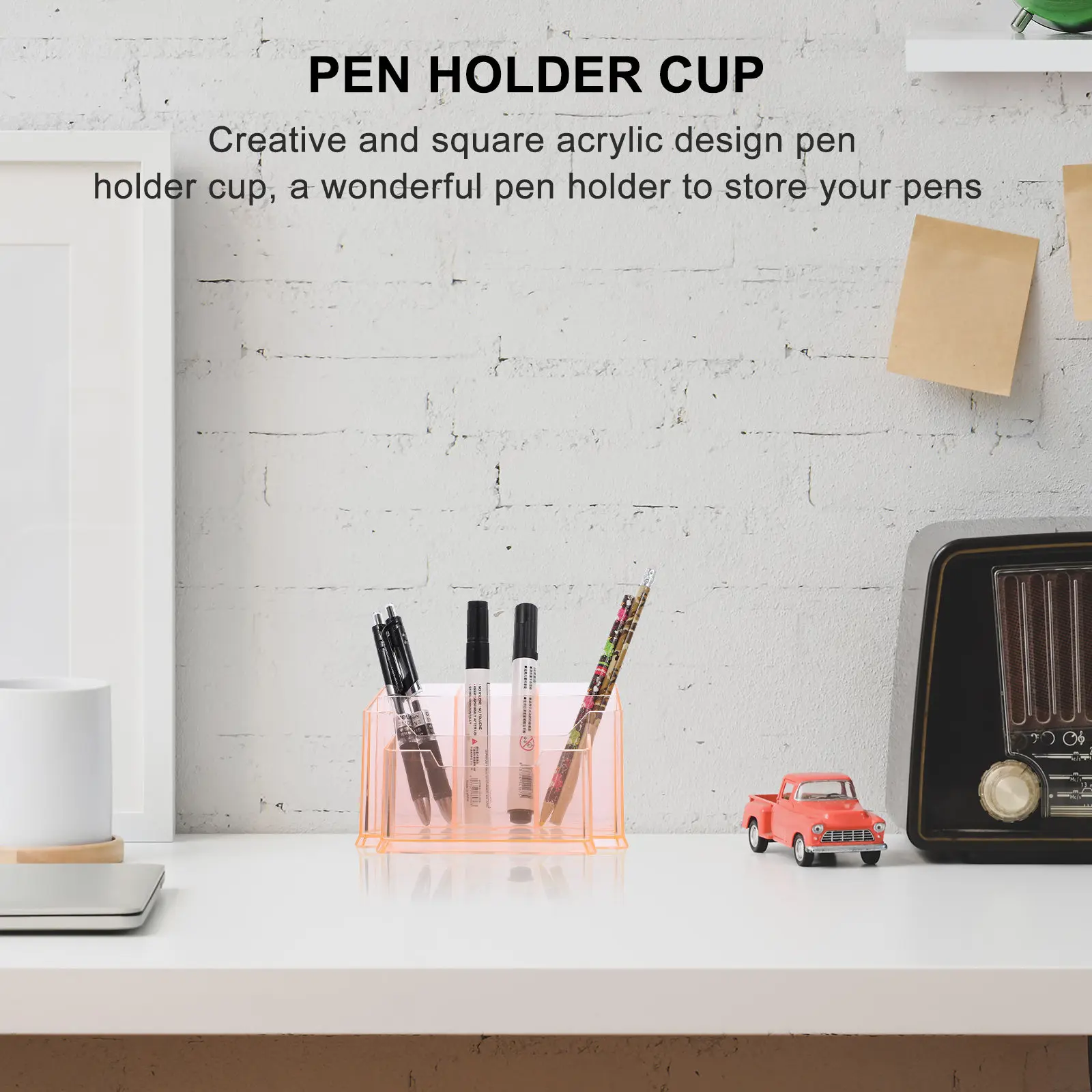5-Grid Acrylic Pen Holder Cup Square Design Large Capacity Transparent Thickened Material Polished Edges Desktop Stationery
