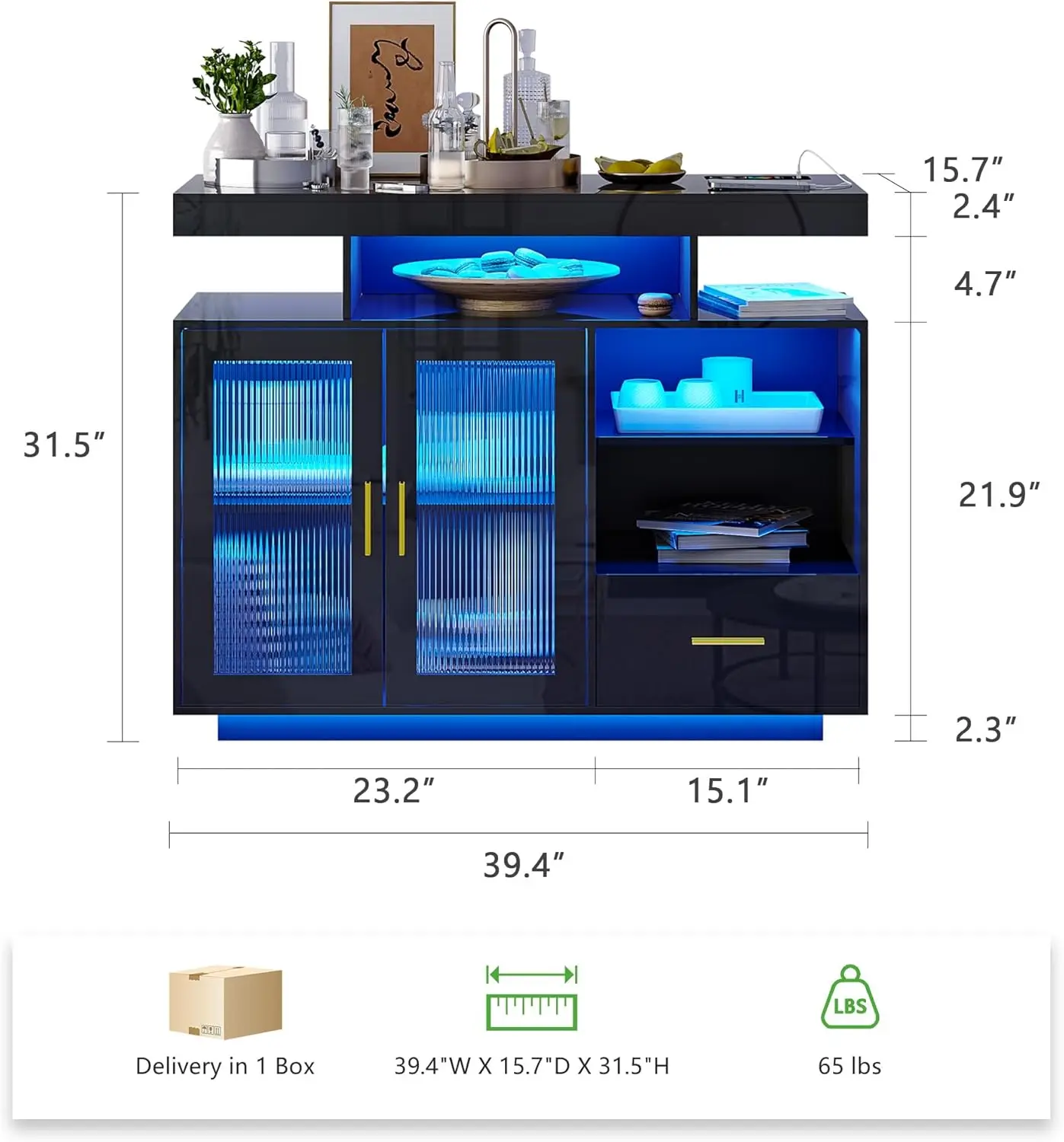 Buffet LED avec station de recharge, armoire de bar à café éclairée par RVB automatique, étagère réglable, noir