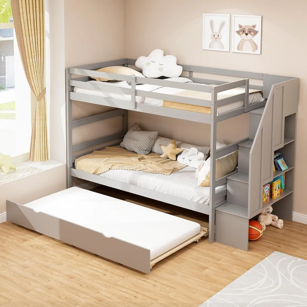 Wood Twin Over Twin Bunk Bed with Trundle & Storage Stairs, Bunk Bed Frame with Protective Guardrails for Kids Room, Bedroom