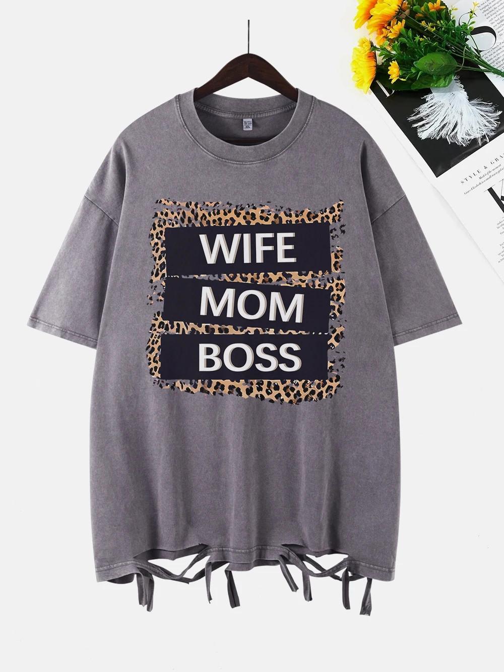 Wife Mom Boss Letter Leopard Prints Washed T-Shirt Womens Cottont Shirts Crewneck Oversized Acid Wash Tops Casual Womans Clothes