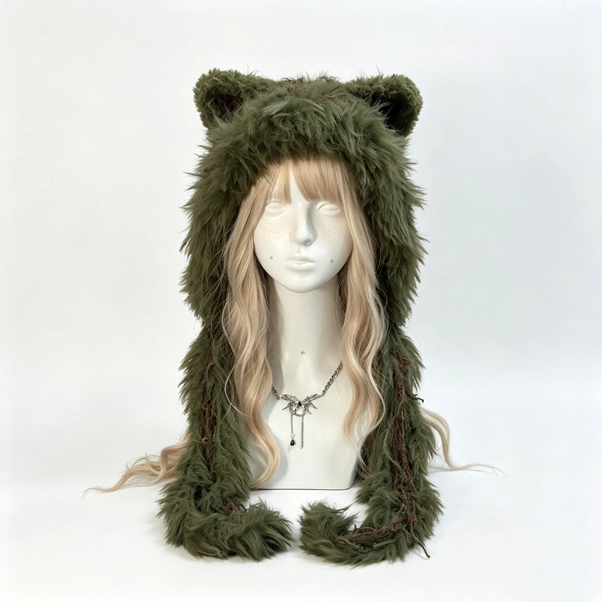Custom Hand‑Crocheted Moss Green Cat Ear Hood Hat Women Soft Warm Knitted Lady Beanie Winter Unisex Fairycore Forest Headwear