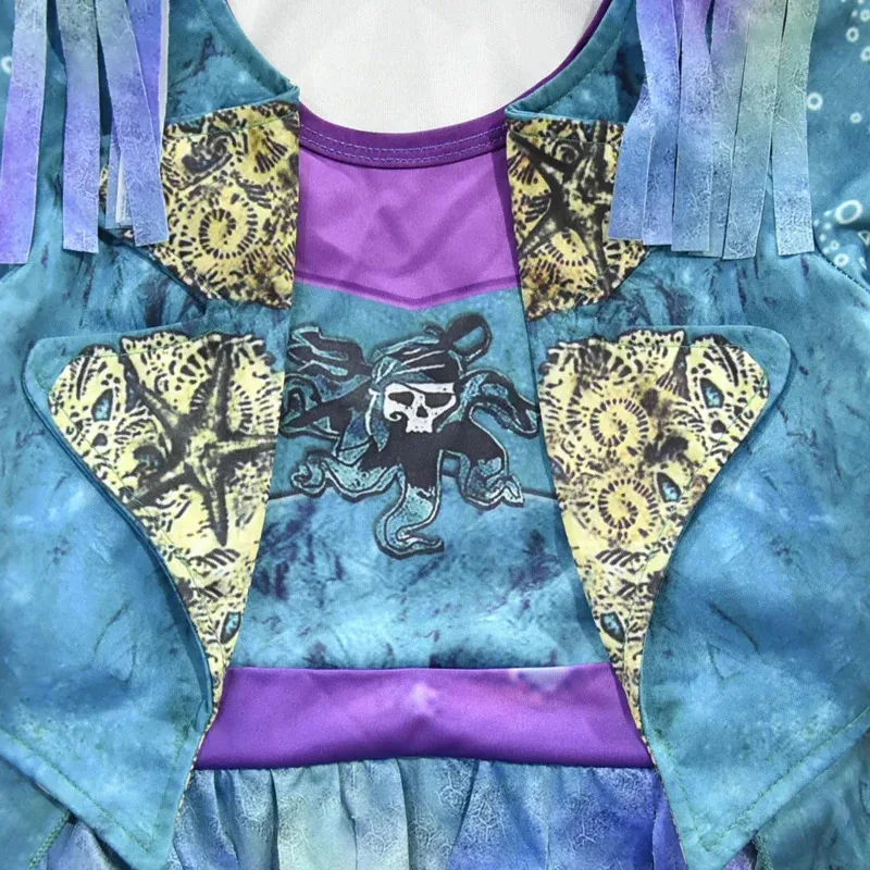 Discendenti 3 Mal Bertha Malfica Riccioli Vivi Mal Dritto Blu Bambini Ragazze Cosplay Cap Vestito Costume di Halloween Per I Bambini Parrucca