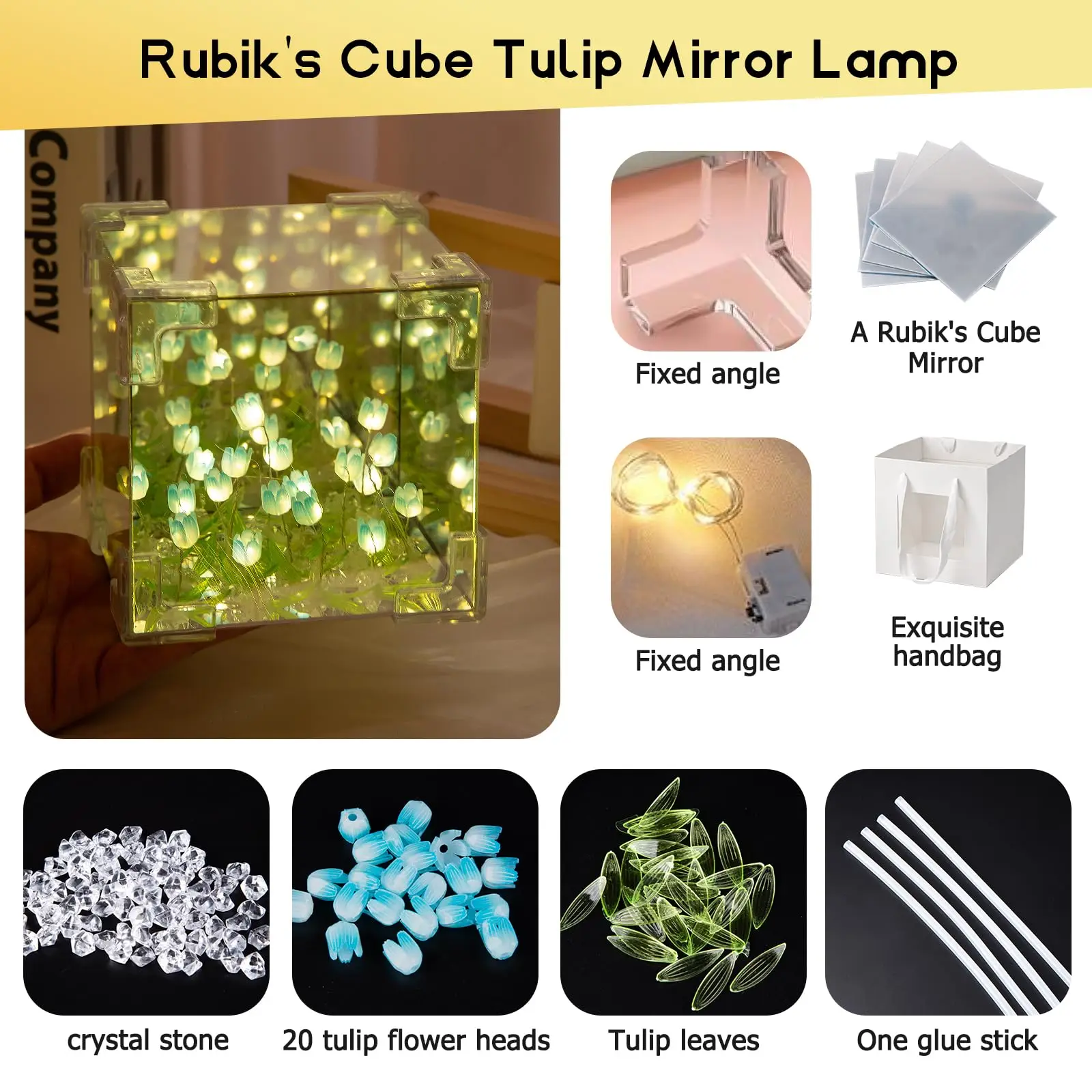 DIY Tulipanowa lampka nocna LED Dekoracyjna lampka nocna Magic Cube Lampa stołowa i lustro 2 w 1 na prezenty urodzinowe i prezenty świąteczne