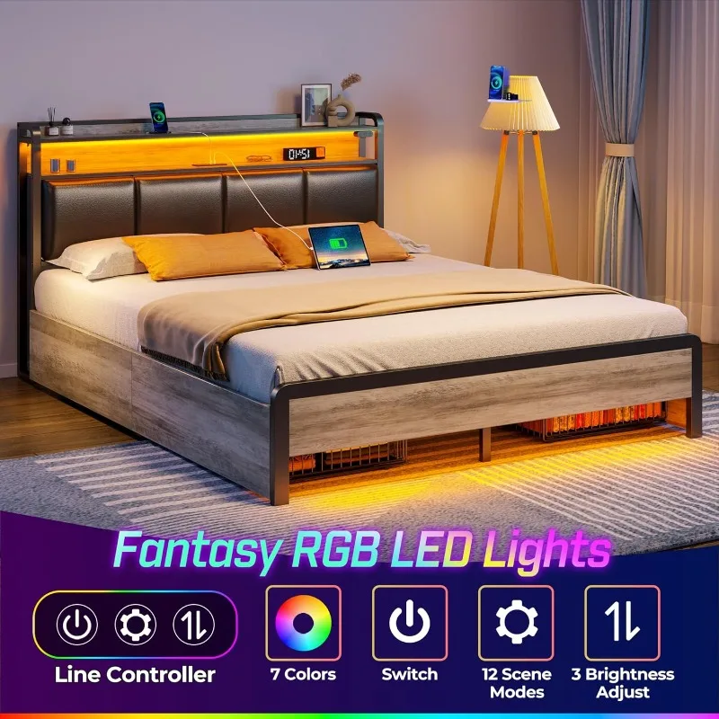 هيكل سرير بالحجم الكامل مع محطة شحن وأضواء LED، ولوح رأسي للتخزين مبطن مع أدراج، وسهل التجميع