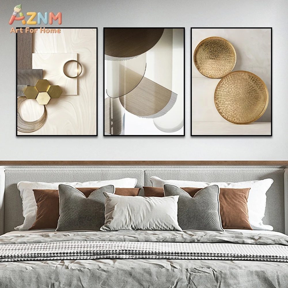 3pcs AZNM Modern Light Luxury Gold Geometric Circular Canvas Wall Art, Minimalist Beige Marble Texture Abstract Line Poster, Hig