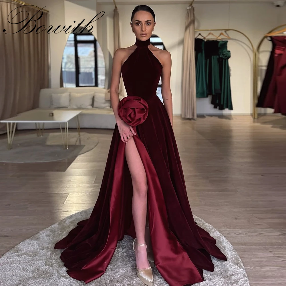 

Bowith Velvet Evening Dresses Woman Elegant Arabic Style Prom Dresses Customized 3D Flower Side High Slit Summer Party Dresses
