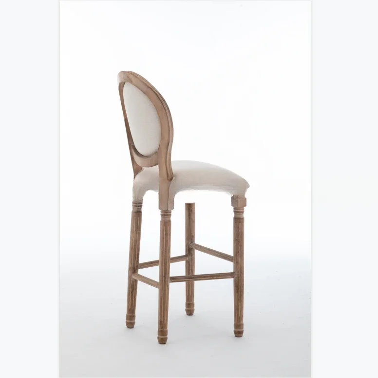 Tabouret de bar Louis en bois massif, tissu de lin beige, brossé vieilli