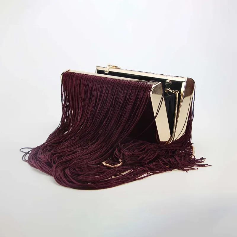 Fashionable Long Tassel Women's Evening Bag Vintage Luxury Burgundy Clutch Handbag for Wedding Party Shoulder Crossbody Purse