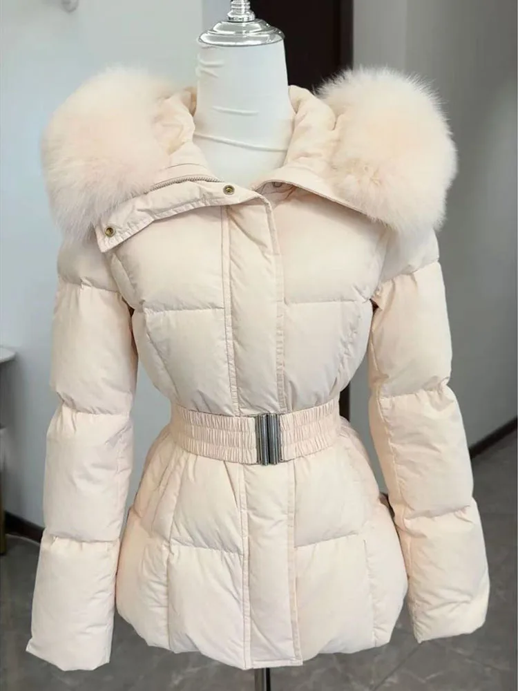 Winter Women's Faux Fur Collar Hooded Parkas Fashion Belt Thick Padded Cotton Jacket Women Slim Fit Solid Zipper Puffer Jackets 8