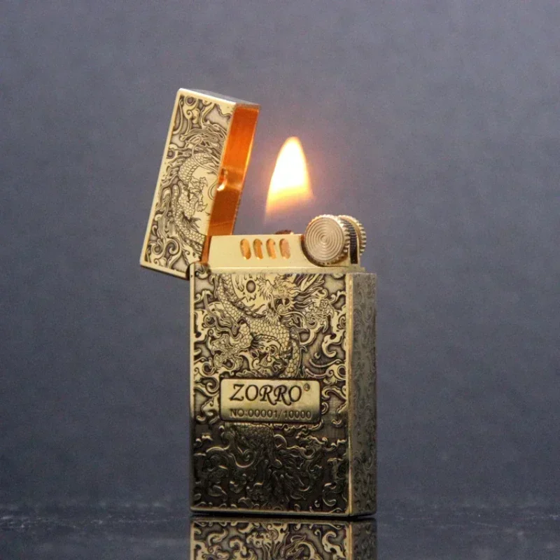 ZORRO Kerosene Lighter Five Sides Engraved Sugar Grass Bright Tone Brass Personalized Windproof Lighter Men\'s Gift