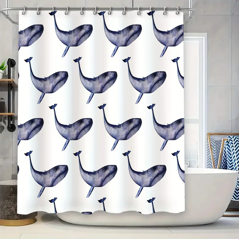 

Modern Bathroom Decor: Blue Whale Print Shower Curtain Set for Home Living Room Bath Decorations Waterproof Fabric 180x274cm