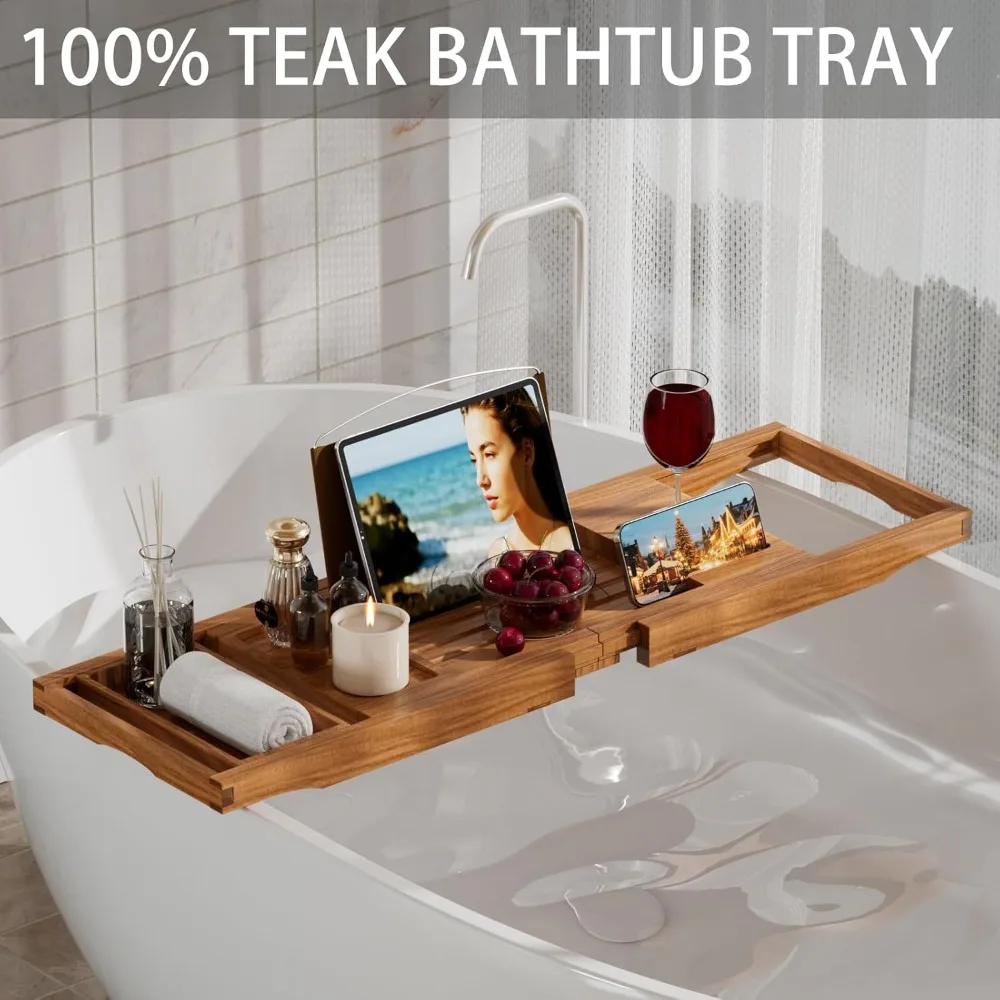 

Premium Expandable Teak Bathtub Tray Caddy Wooden Bath Tub Organizer Luxury Bathroom Accessories Housewarming Anniversary