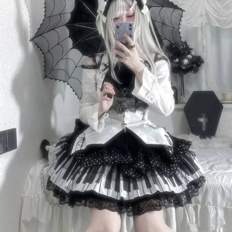 Japanese Subculture Black White Piano Design Lolita Skirt Autumn New Y2k Ruffled Miniskirt Lace Patchwork Punk Ballet Skirts