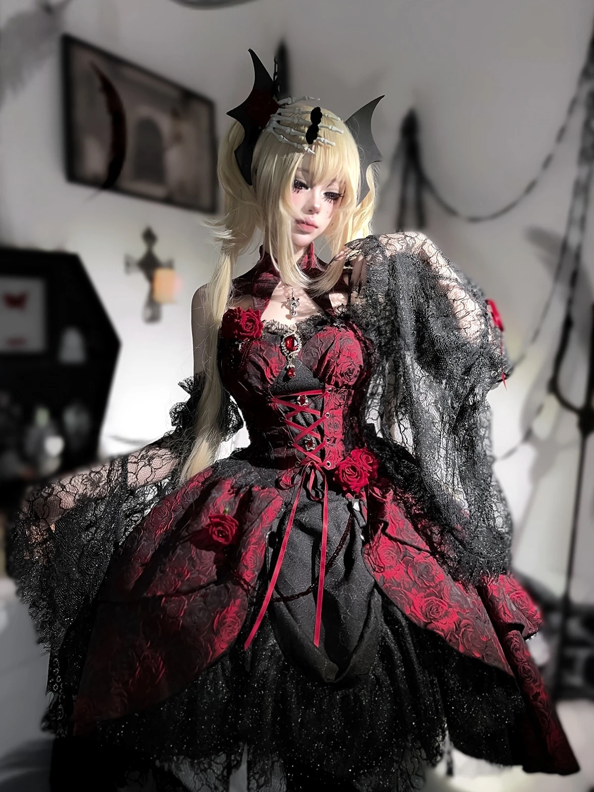 Originale Rose Jsk Lolita Palace Abito rosso nero con cinturino gotico Patch in pizzo Abito estivo Dobby Cake Ball Gown Gonna Vestido