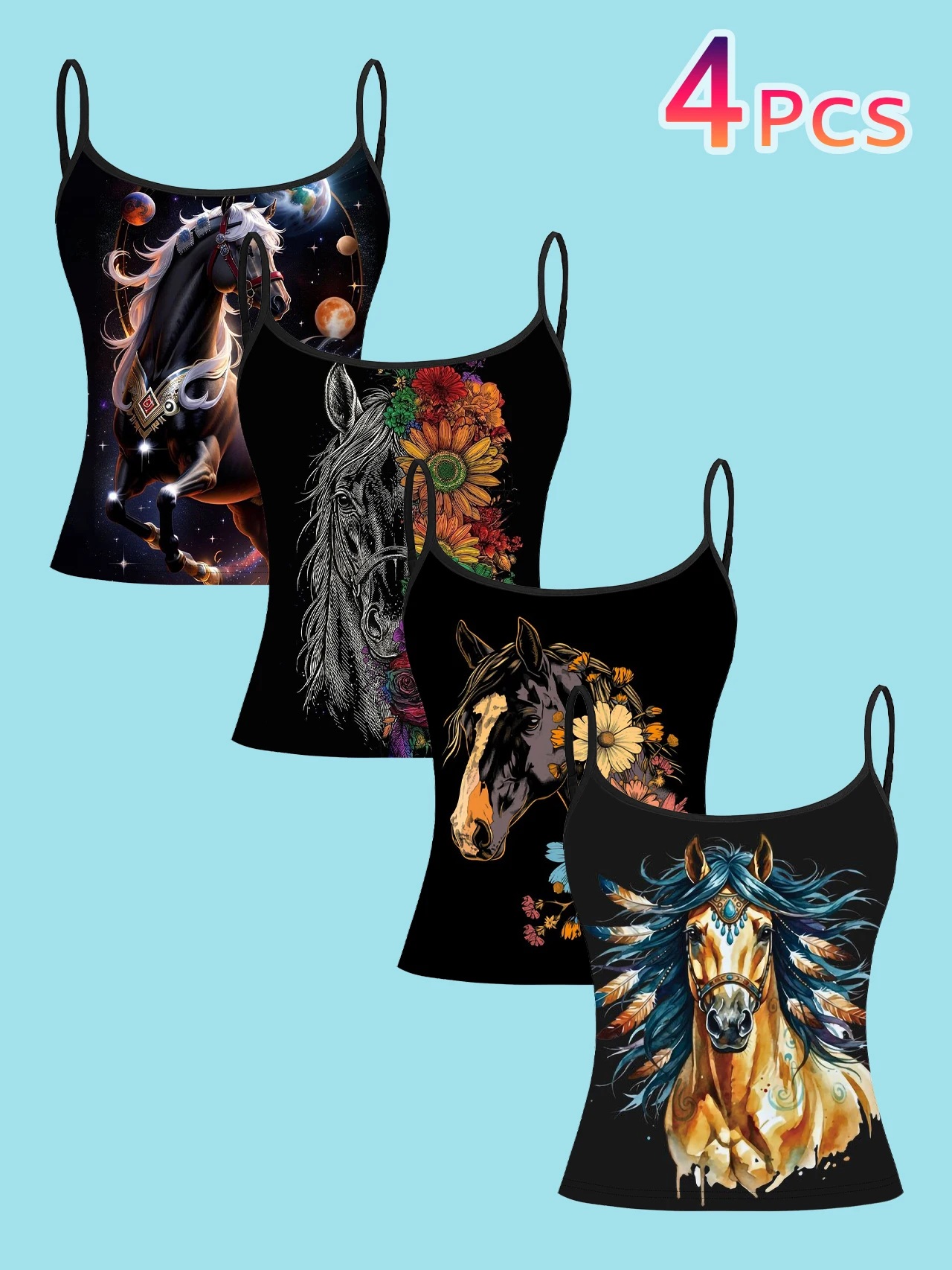 4-Piece Set of Starry Sky, Horse, Floral, and Feather Print Camisoles for Women, Artistic Oil Painting Style, Slim-Fit Spaghetti Strap Tops