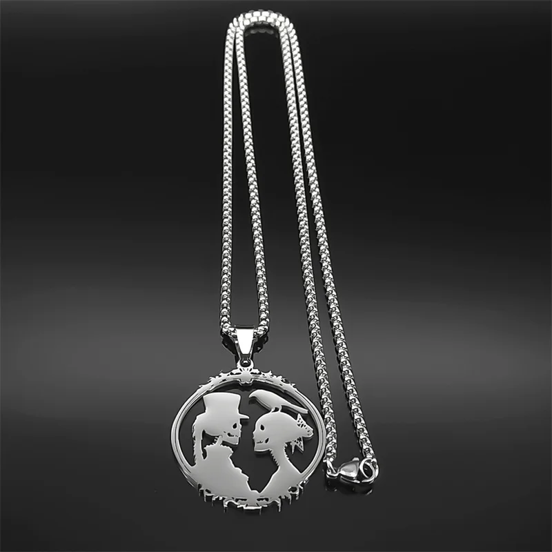 Gothic Braut und Bräutigam Edelstahl Totenkopf Krähe Anhänger Halskette für Frauen Männer Schwarz Fotorahmen Paar Schmuck Party Geschenk – Detail 5