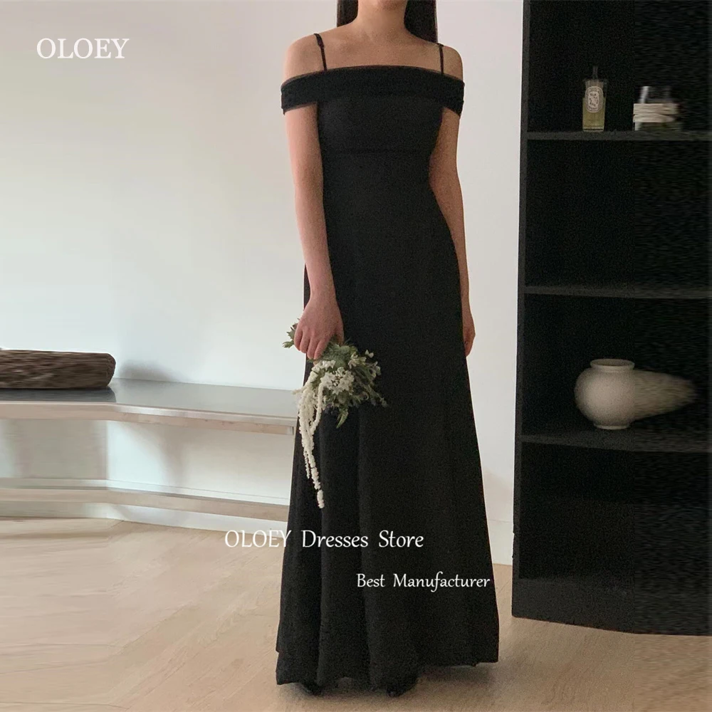 OLOEY-simples preto vestidos de noite, Coréia Photoshoot Bolero, cintas de espaguete, Stretch Satin Prom Gowns, Wedding Party Dress