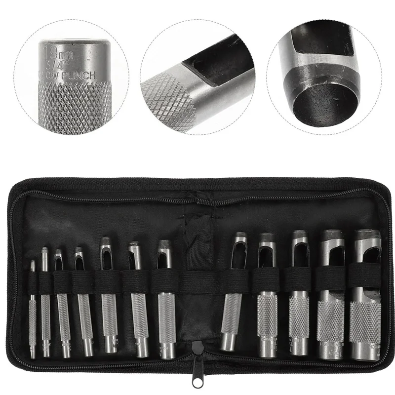 A59E-12 PCS Hollow หนัง Punch ชุด 1/8-3/48 นิ้ว (3-19 มม.) Heavy Duty รอบ Hole Punch ชุดสําหรับนาฬิกาผ้าเข็มขัดปะเก็น Du