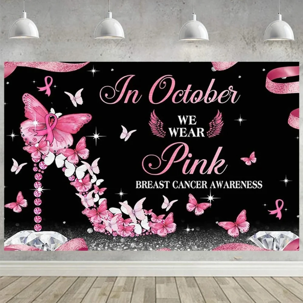 Pink Ribbon Butterfly Theme Propaganda Breast Cancer Banner Background Cloth, Party Party Decoration Photography Studio Backdrop