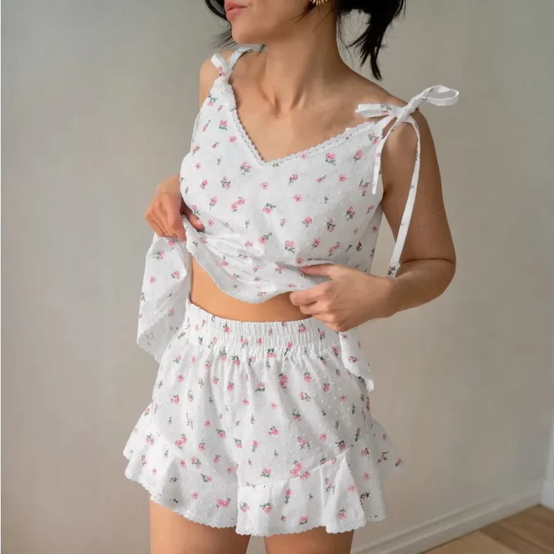 2026 New Spring Summer Women's Lounge Wear Set Convex Jacquard Lace Shorts Suspenders Perfect Relaxation Style Floral L Size